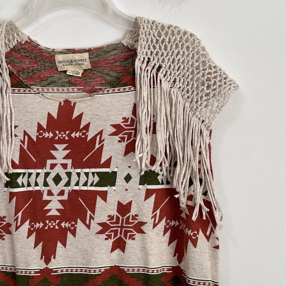 Ralph Lauren Denim & Supply Tee Top M Fringe Southwestern Cap Sleeve Crochet - Picture 3 of 11